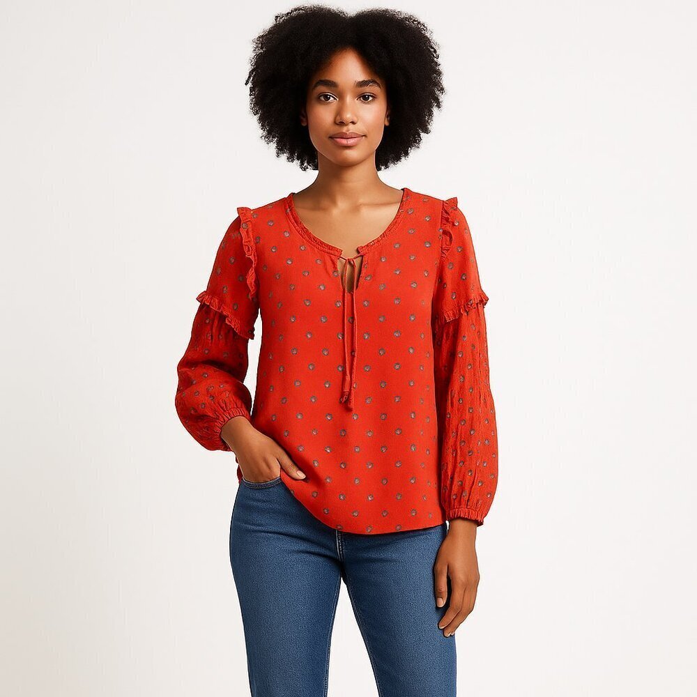 Anthro Maeve Jacquin Peasant Blouse Medium Red Ruffle Tie Neck Boho Metallic